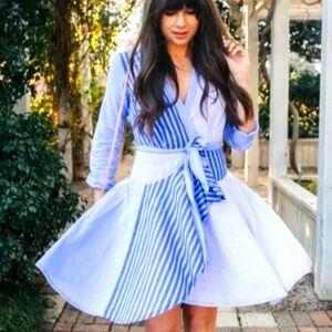Anthropologie Maeve Newport Blue Striped Wrap Shirt Dress Women Size 8